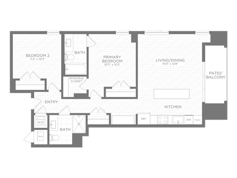 Floor plan for 2 beds, 2 baths, 935 sqft